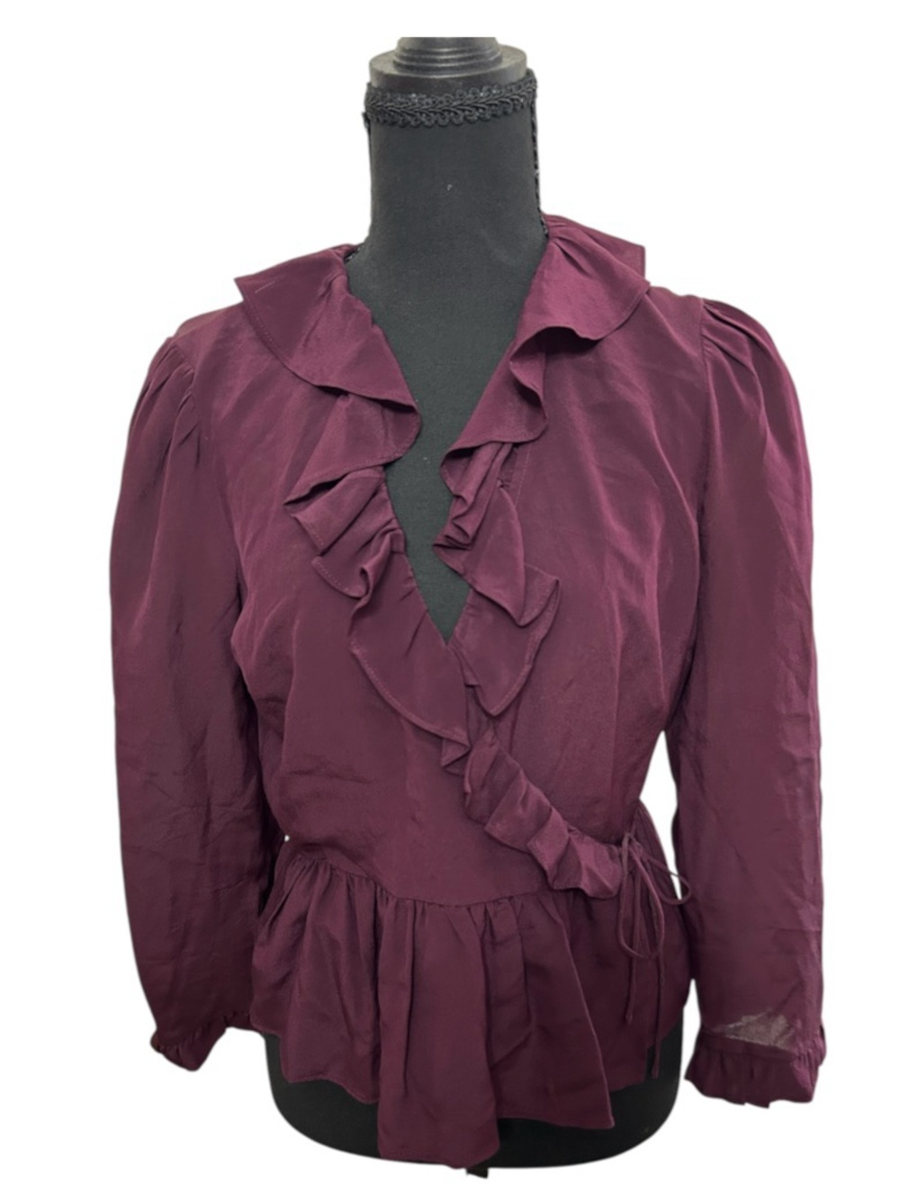 Madewell 100% Silk Women’s Small Dark Plum Ruffle Wrap Peplum Long Sleeve Top - Picture 2 of 12